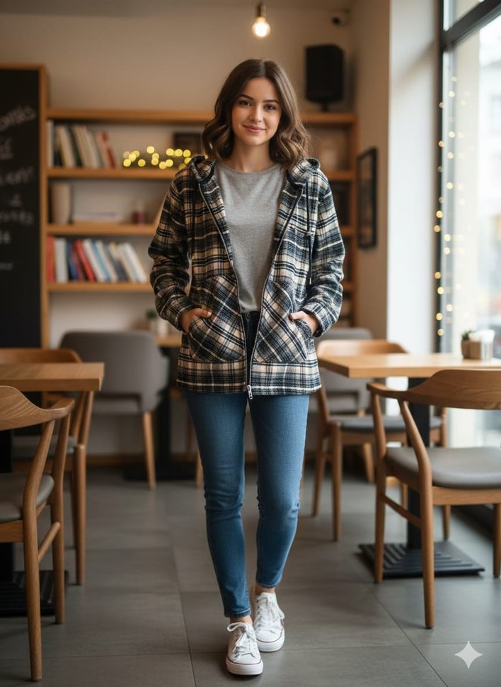 Gri Ekose Desenli Fermuarlı Kadın Sweatshirt - Görsel 3