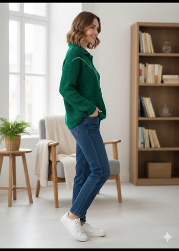 Yeşil V Yaka Örgü Kadın Kazak - Görsel 4