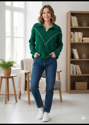 Yeşil V Yaka Örgü Kadın Kazak - Görsel 3
