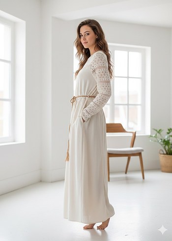 Beyaz Uzun Dantel Detaylı Bohem Elbise - Görsel 2