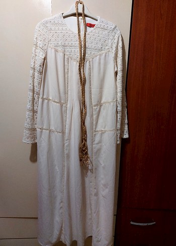 Beyaz Uzun Dantel Detaylı Bohem Elbise - Görsel 6