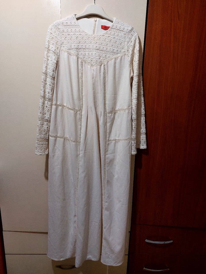 Beyaz Uzun Dantel Detaylı Bohem Elbise - Görsel 5