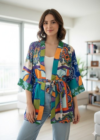 Renkli Tie-Dye Desenli Kısa Bohem Kimono - Görsel 2