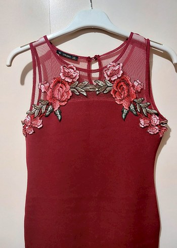 Bordo Nakışlı Mini Elbise - Görsel 4