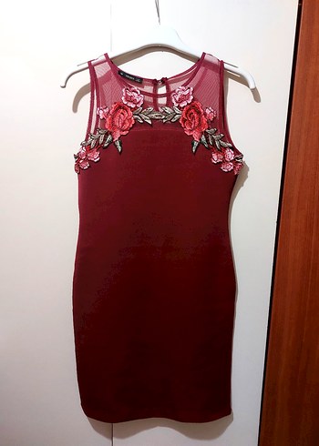Bordo Nakışlı Mini Elbise - Görsel 3