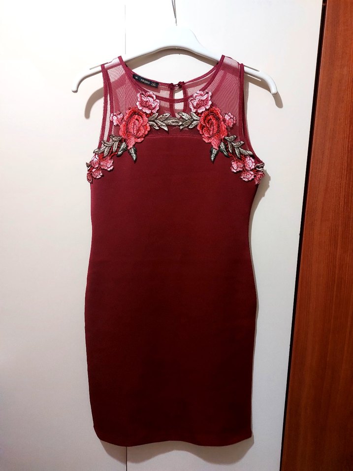 Bordo Nakışlı Mini Elbise - Görsel 3