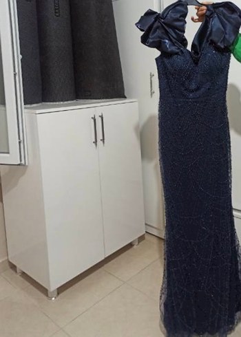 m Beden Boncuk İşlemeli Lacivert Uzun Abiye Elbise