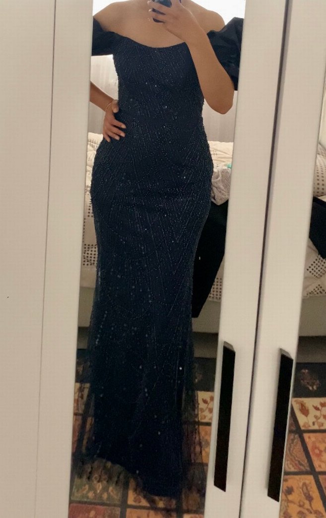 Boncuk İşlemeli Lacivert Uzun Abiye Elbise - Görsel 3