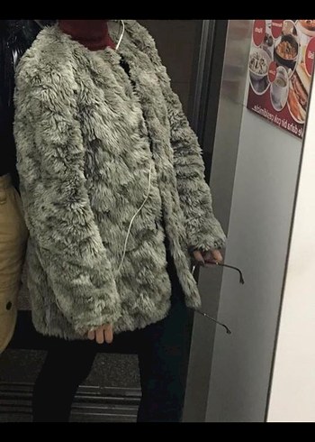Gri Kadın Suni Kürk Midi Boy Ceket - Görsel 4
