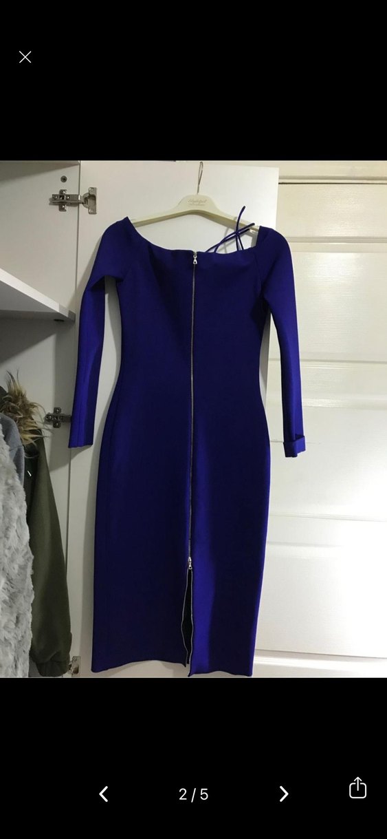 Uzun Lacivert Tek Omuz Drapeli Kadın Elbise - Görsel 2