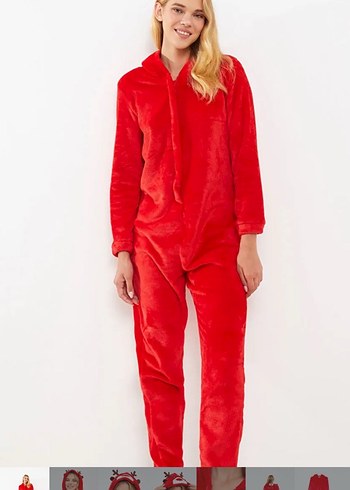 Kırmızı Kadife Yılbaşı Tulum Pijama - Görsel 2