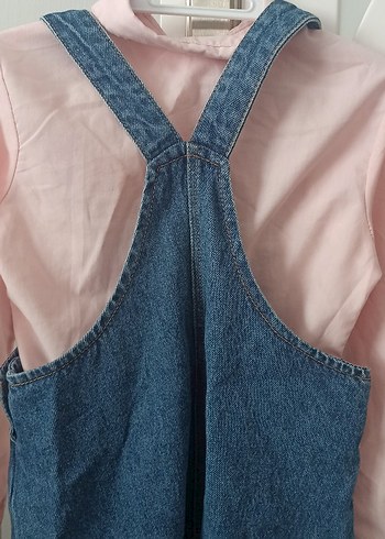 Nakışlı Pembe Gömlekli Kız Kot Salopet - Görsel 2