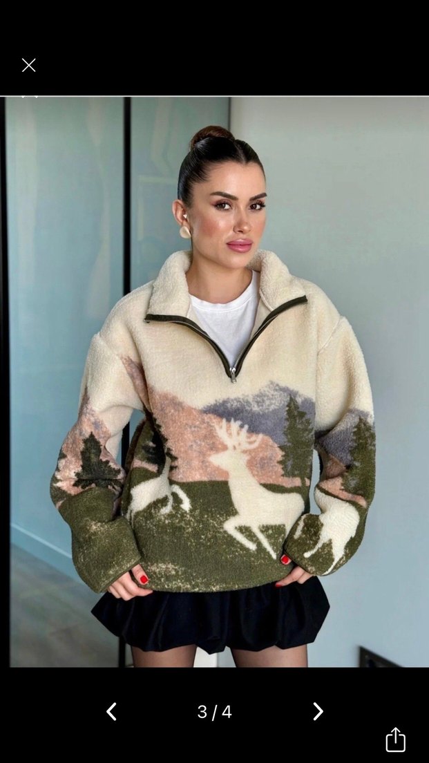 Peluş Detaylı Baskılı Kadın Kışlık Midi Mont - Görsel 2