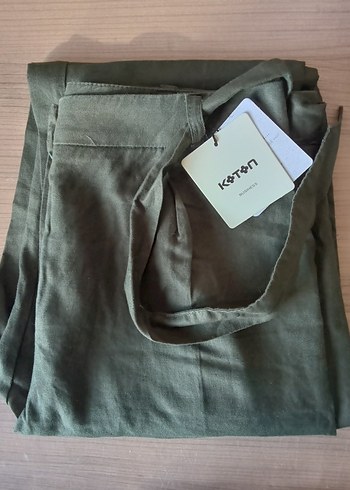 38 Beden haki Renk Kadın Kemerli Keten Pantolon