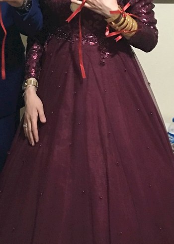 38 Beden Bordo Uzun Kollu abiye Elbisesi