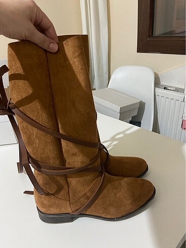 38 Beden camel Renk Hakiki Dana Derisi Taba Süet Kovboy Çizme Bot