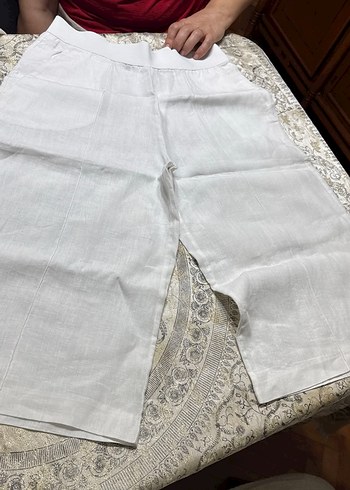 Beyaz Kadın Keten Midi Pantolon Dantel Detaylı - Görsel 2