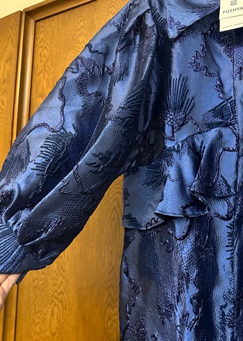 Düğmeli Kısa Mavi Kadın Ceket - Görsel 2