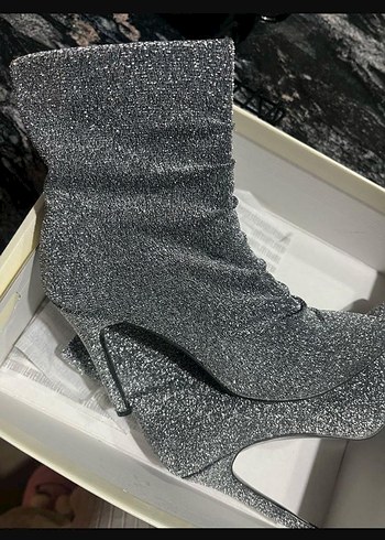 Gri Simli Stiletto Yılan Derisi Desenli Kadın Bot - Görsel 6