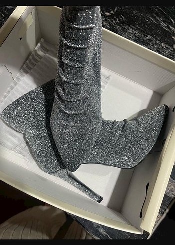 Gri Simli Stiletto Yılan Derisi Desenli Kadın Bot - Görsel 4