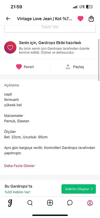 32 Beden Kot düz kesim pantolon