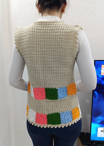 Bohem Örgü Kadın Yelek Renkli Desen - Görsel 3