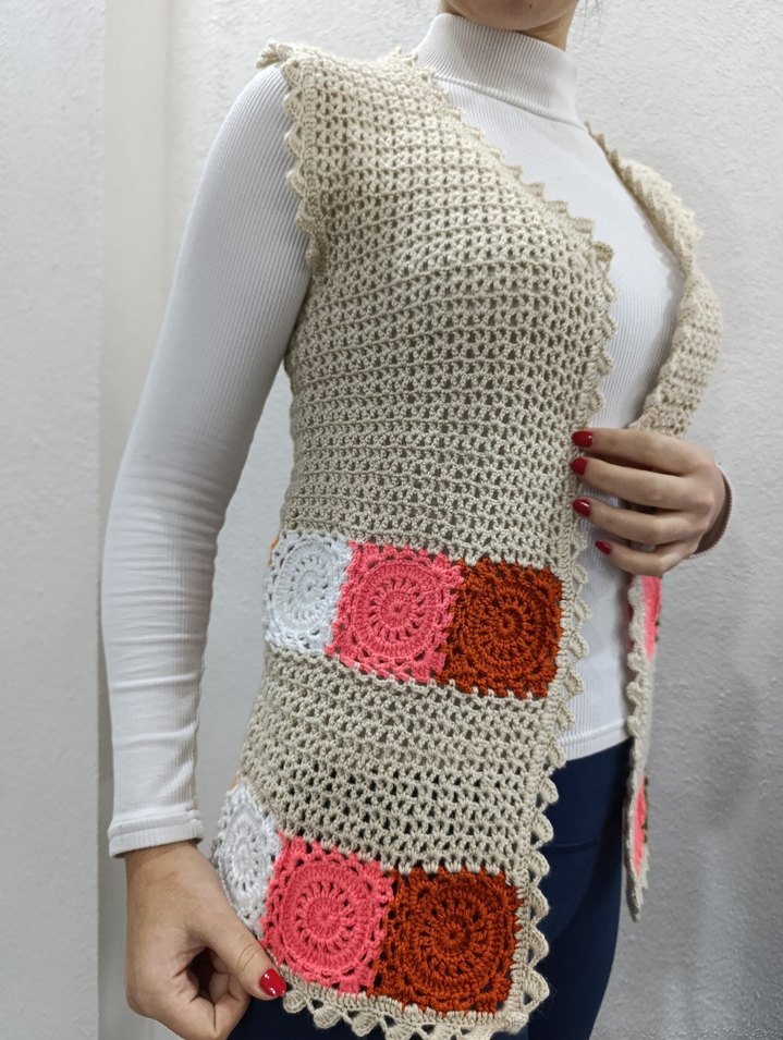 Bohem Örgü Kadın Yelek Renkli Desen - Görsel 2