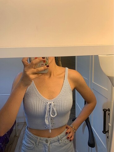 Gök mavi zikzak ipli triko crop bluz