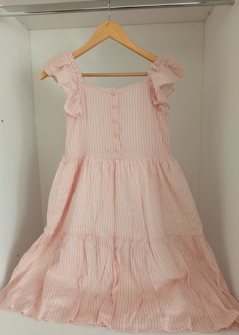 10 Yaş Beden LCW Kız Çocuk Pembe Çizgili Keten Kız Elbisesi