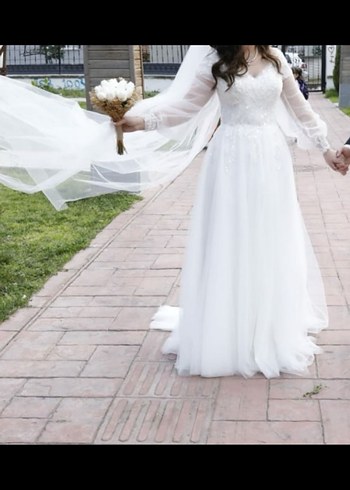 Uzun Kollu V Yaka Midi Beyaz A Kesim Gelinlik - Görsel 4