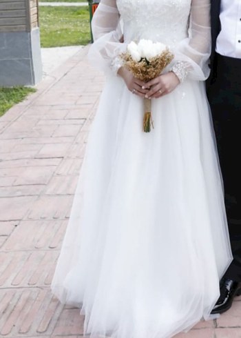 Uzun Kollu V Yaka Midi Beyaz A Kesim Gelinlik - Görsel 3