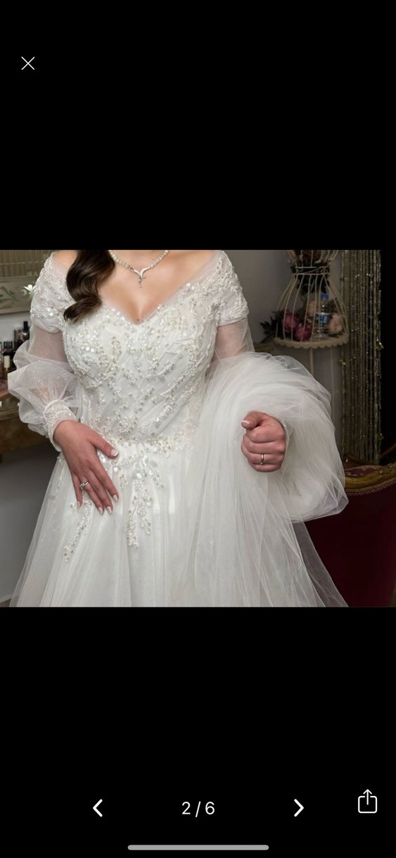 Uzun Kollu V Yaka Midi Beyaz A Kesim Gelinlik - Görsel 2