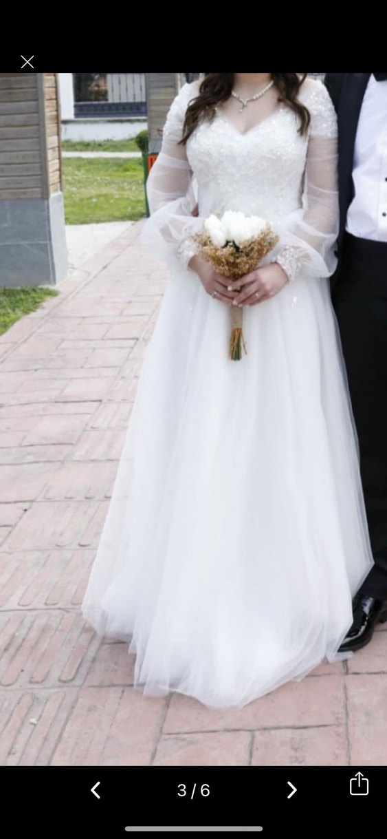 Uzun Kollu V Yaka Midi Beyaz A Kesim Gelinlik - Görsel 3