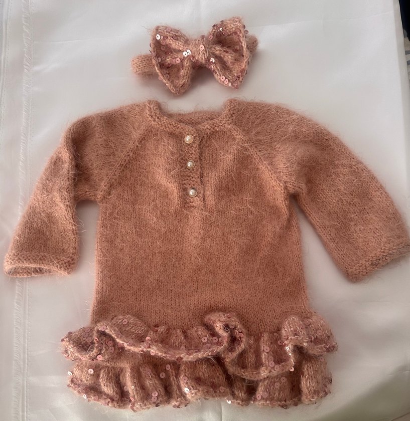 Kız Çocuk Bej Triko Elbise ve Saç Bandı - Görsel 2