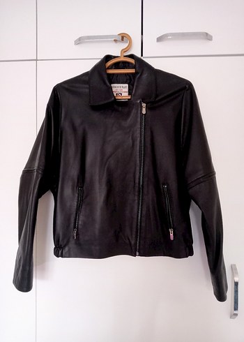 Deri Siyah Biker Ceket, Fermuarlı, Normal Boy - Görsel 4