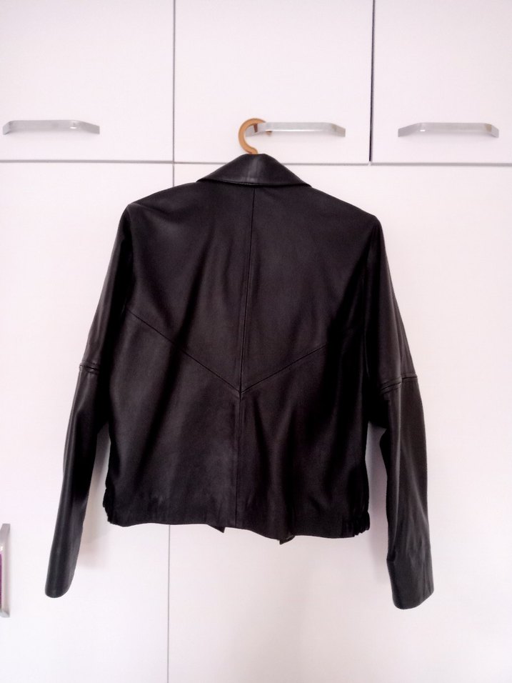 Deri Siyah Biker Ceket, Fermuarlı, Normal Boy - Görsel 3