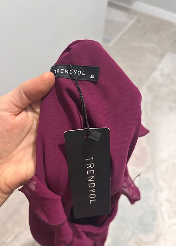 Bordo V Yaka Şifon Mini Elbise - Görsel 3