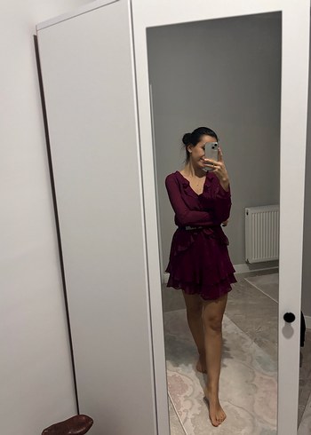 Bordo V Yaka Şifon Mini Elbise - Görsel 2