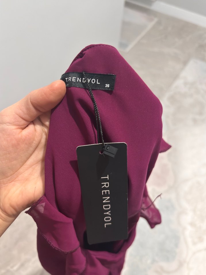 Bordo V Yaka Şifon Mini Elbise - Görsel 3