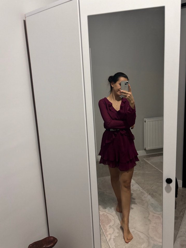 Bordo V Yaka Şifon Mini Elbise - Görsel 2