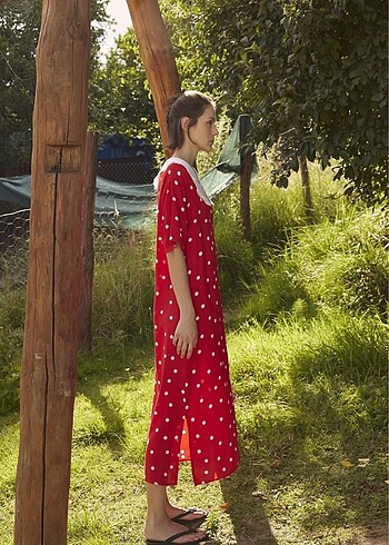 Zara Puantiyeli kırmızı vintage elbise