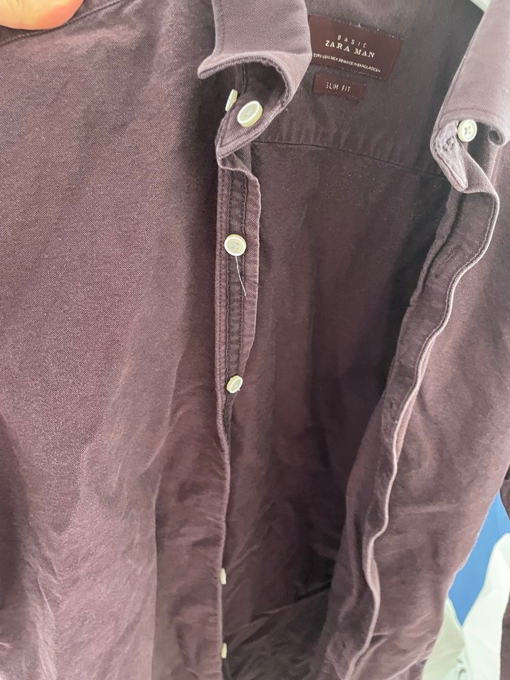 Bordo Erkek Keten Gömlek, Uzun Kollu, Düğmeli - Görsel 3