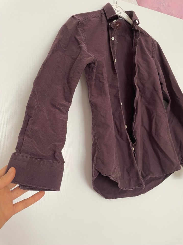 Bordo Erkek Keten Gömlek, Uzun Kollu, Düğmeli - Görsel 2