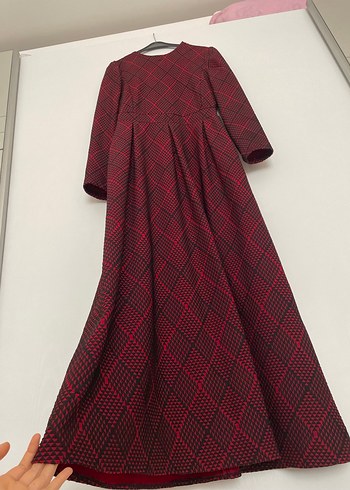 Bordo Ekose Desenli Uzun Kollu Uzun Elbise - Görsel 2