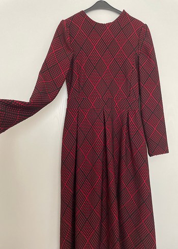 Bordo Ekose Desenli Uzun Kollu Uzun Elbise - Görsel 6