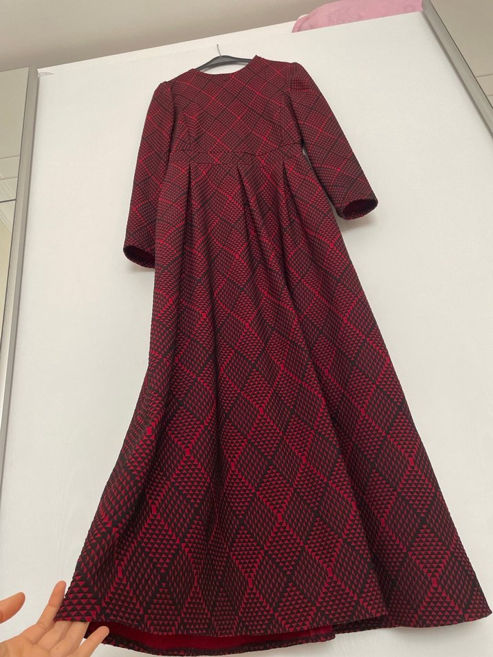 Bordo Ekose Desenli Uzun Kollu Uzun Elbise - Görsel 2