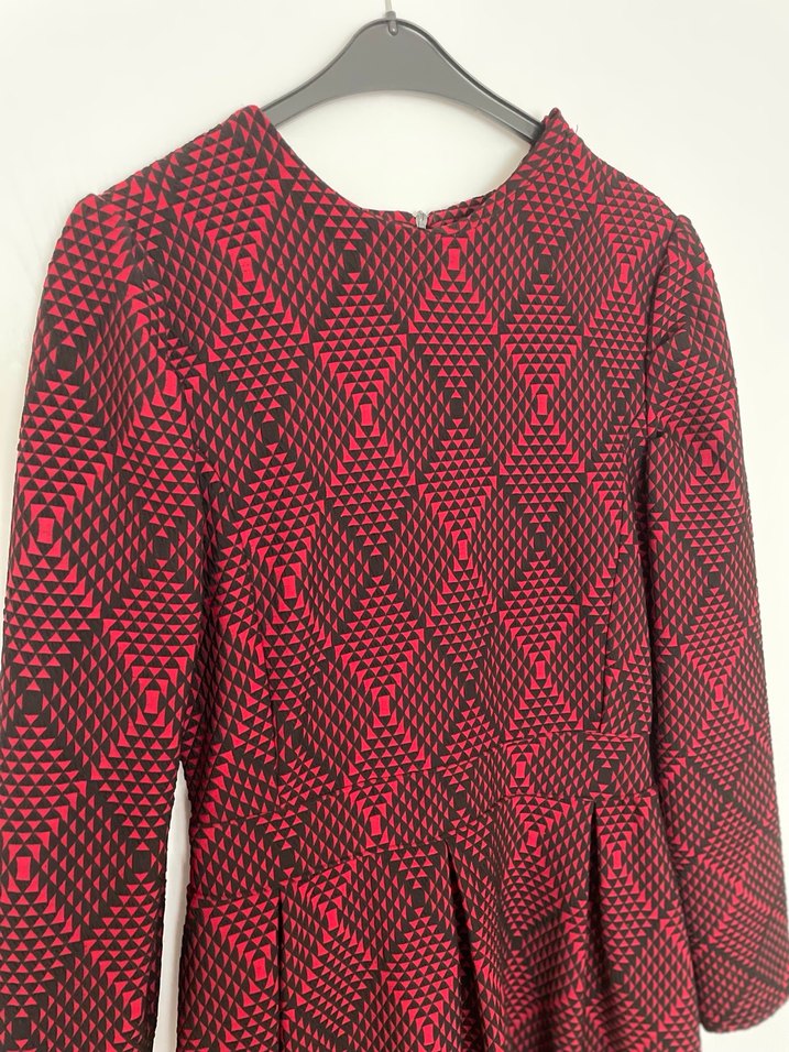 Bordo Ekose Desenli Uzun Kollu Uzun Elbise - Görsel 5