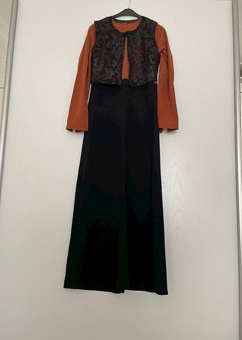 Uzun Kollu Nakışlı Kahverengi Kadın Elbise - Görsel 2