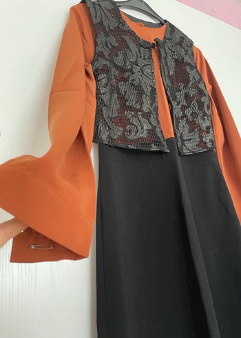 Uzun Kollu Nakışlı Kahverengi Kadın Elbise - Görsel 3