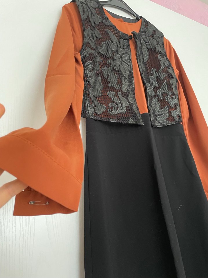 Uzun Kollu Nakışlı Kahverengi Kadın Elbise - Görsel 3